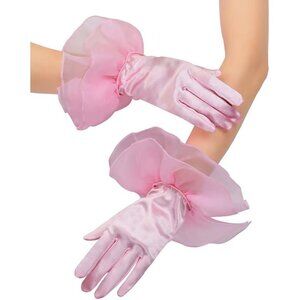 Women's Ruffled Evening Pink Short Satin Formal Gloves Costume Accessories